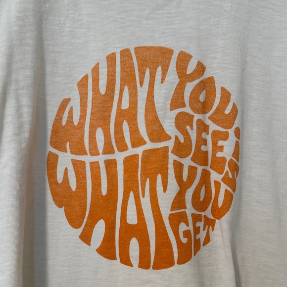 Mother Denim Cream/Butter Yellow Graphic T-Shirt with Orange Print Women Size XL - Picture 2 of 9